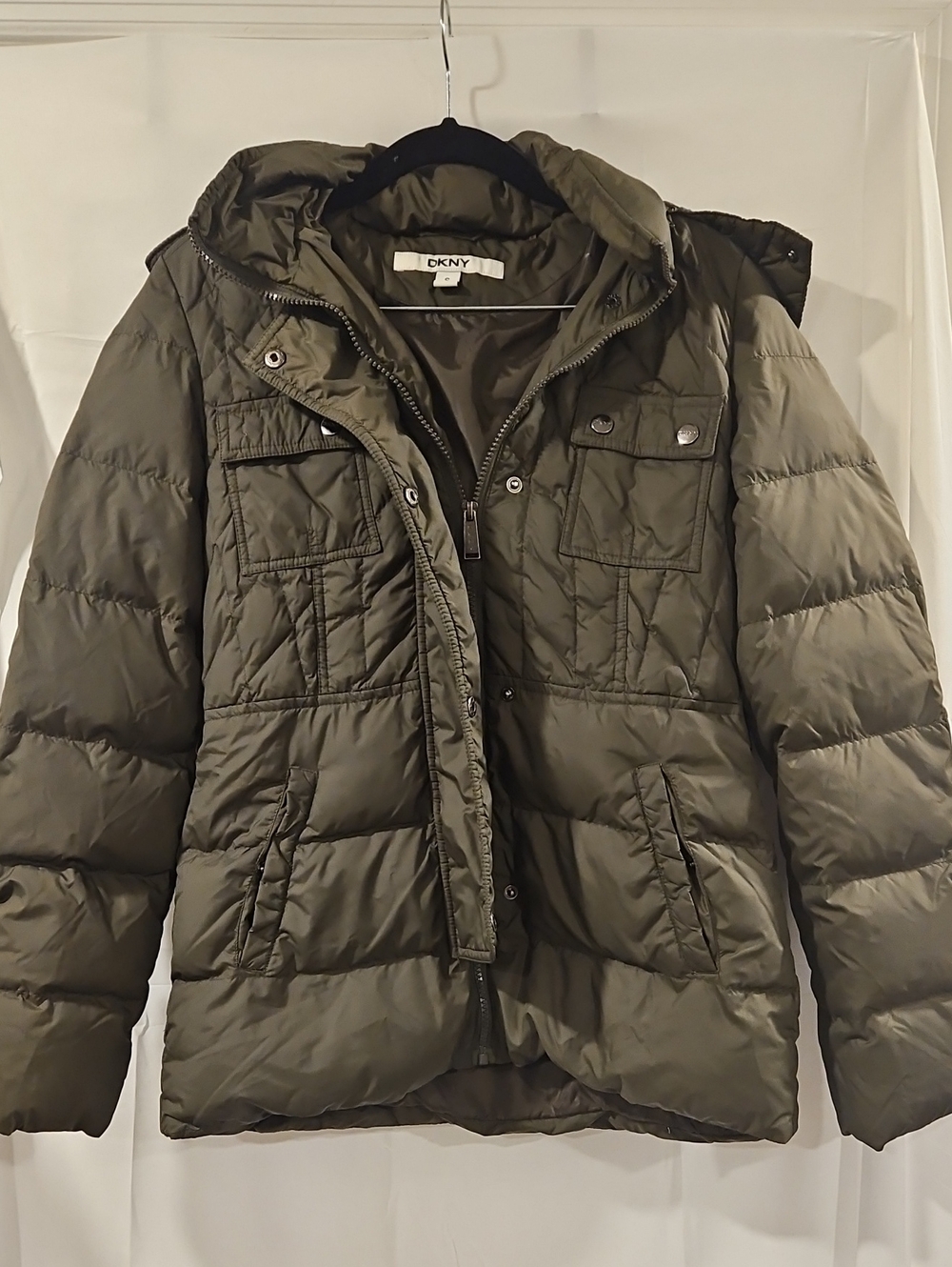 DKNY Olive Quilted Hooded Puffer Jacket